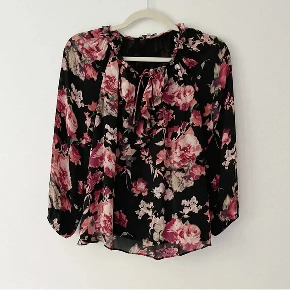 Joie 100% Silk Floral Print Blouse in Black Pink and Cream Size XXS Boho - Picture 2 of 6